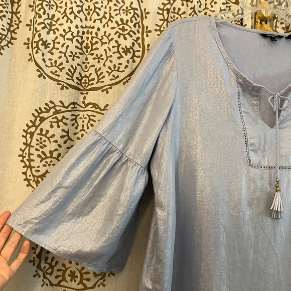 Ellen Tracy Women's Large L Blue Metallic Shimmer Linen Blouse Shirt Top Classy - Picture 5 of 7